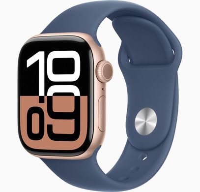 Apple Watch Series 10 GPS, 42mm Rose Gold Aluminum Case with Denim Sport Band (S/M)